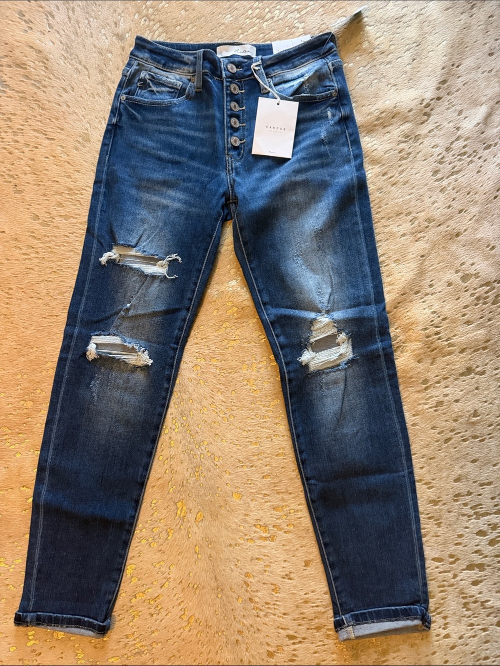 NWT KanCan Mid-Rise Button-Fly Distressed Jeans - Dark Blue